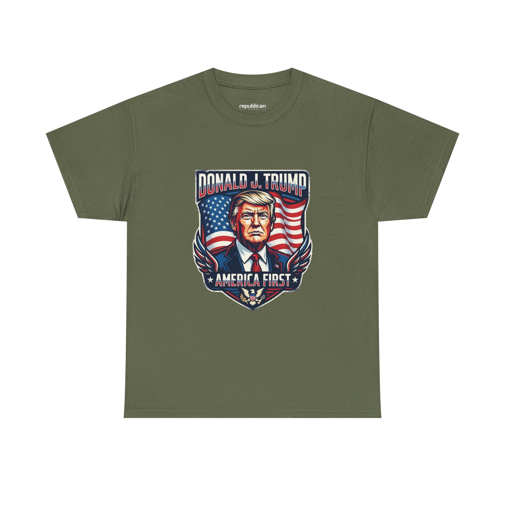 Political Graphic Tee — "America First" Patriotic President Portrait T‑Shirt