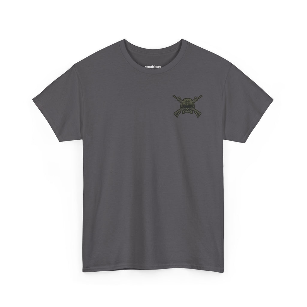 America First Graphic Tee — Patriotic Flag & Crossed Rifles Design
