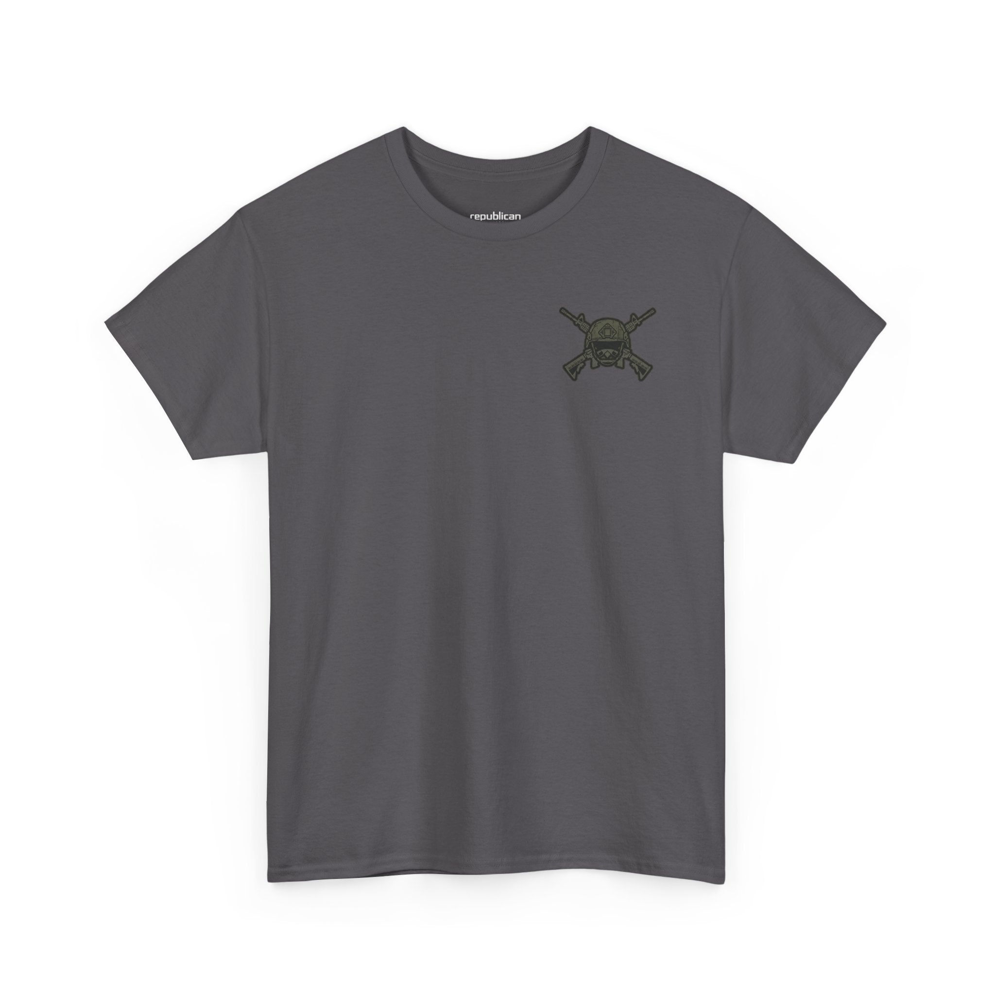 America First Graphic Tee — Patriotic Flag & Crossed Rifles Design