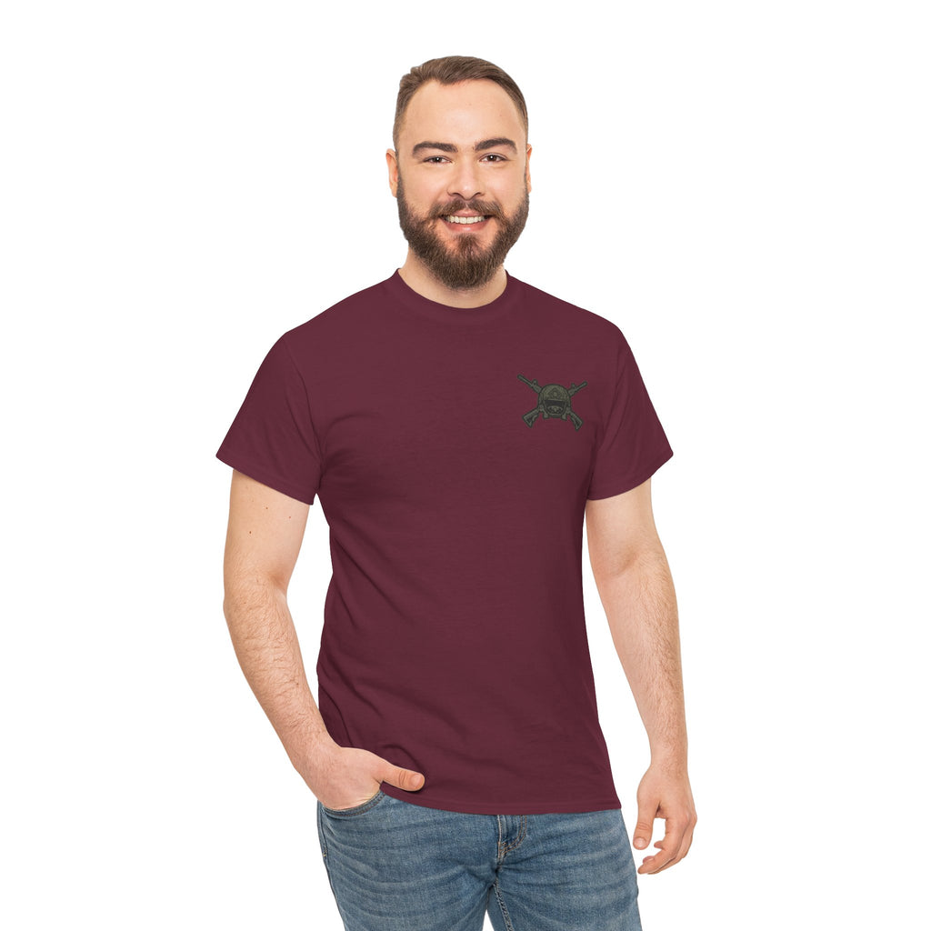 America First Graphic Tee — Patriotic Flag & Crossed Rifles Design