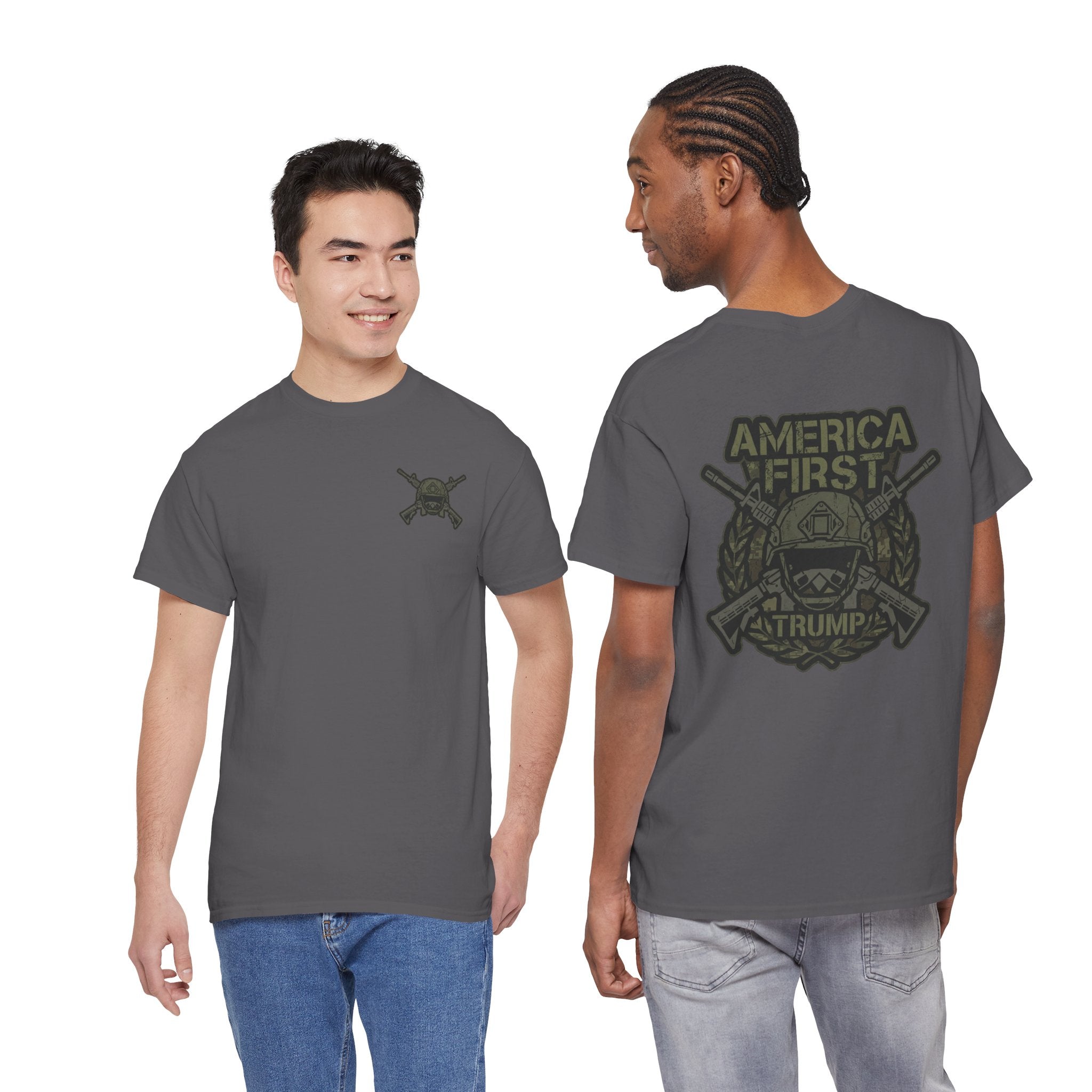 America First Graphic Tee — Patriotic Flag & Crossed Rifles Design