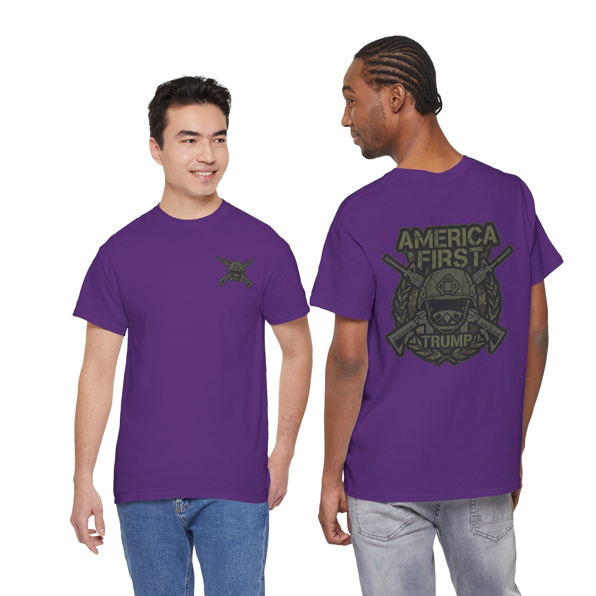 America First Graphic Tee — Patriotic Flag & Crossed Rifles Design