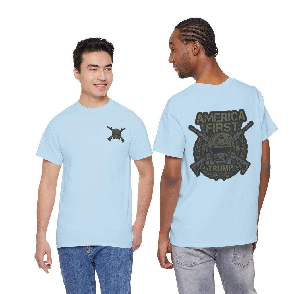 America First Graphic Tee — Patriotic Flag & Crossed Rifles Design