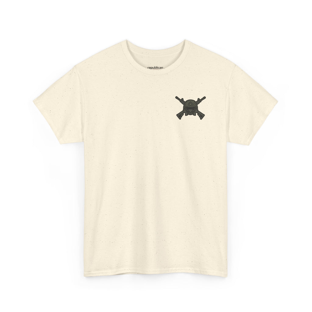 America First Graphic Tee — Patriotic Flag & Crossed Rifles Design