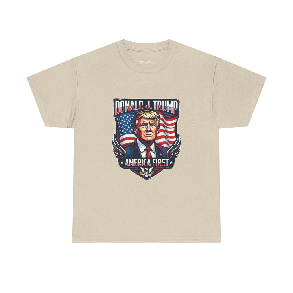 Political Graphic Tee — "America First" Patriotic President Portrait T‑Shirt