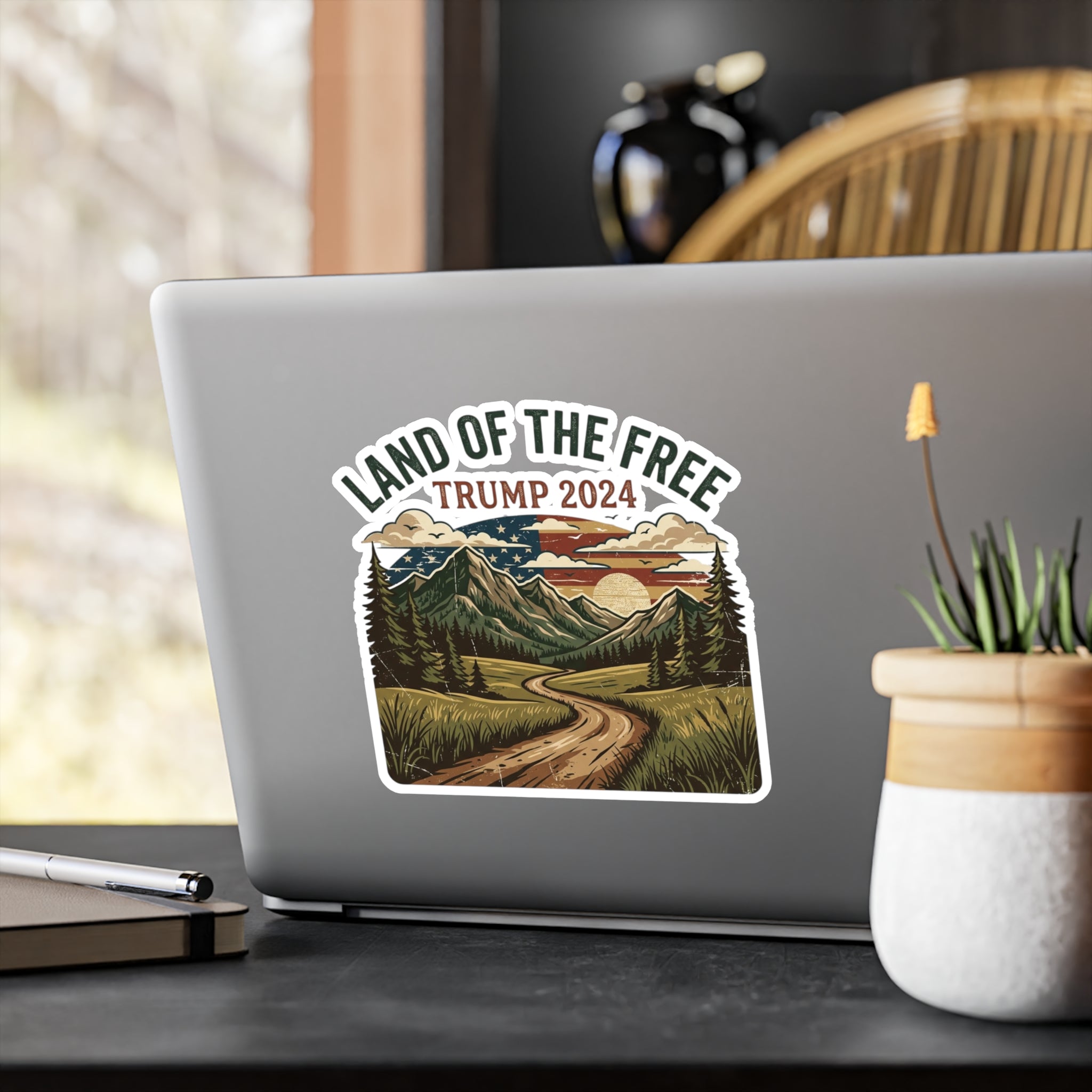 Land of the Free Trump 2024 Vinyl Sticker — Scenic Outdoor Kiss-Cut Decal