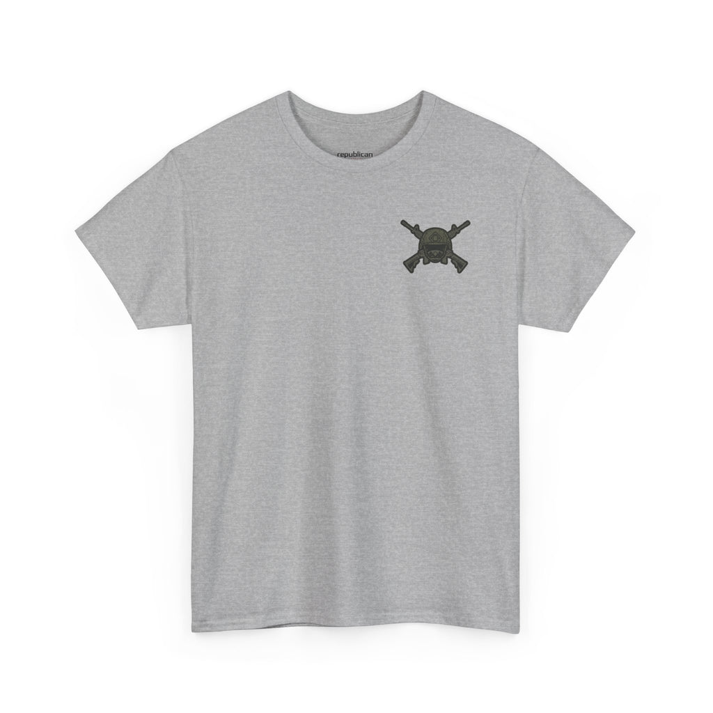 America First Graphic Tee — Patriotic Flag & Crossed Rifles Design