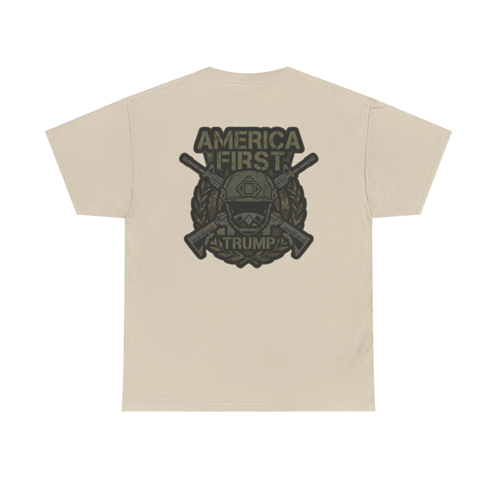 America First Graphic Tee — Patriotic Flag & Crossed Rifles Design