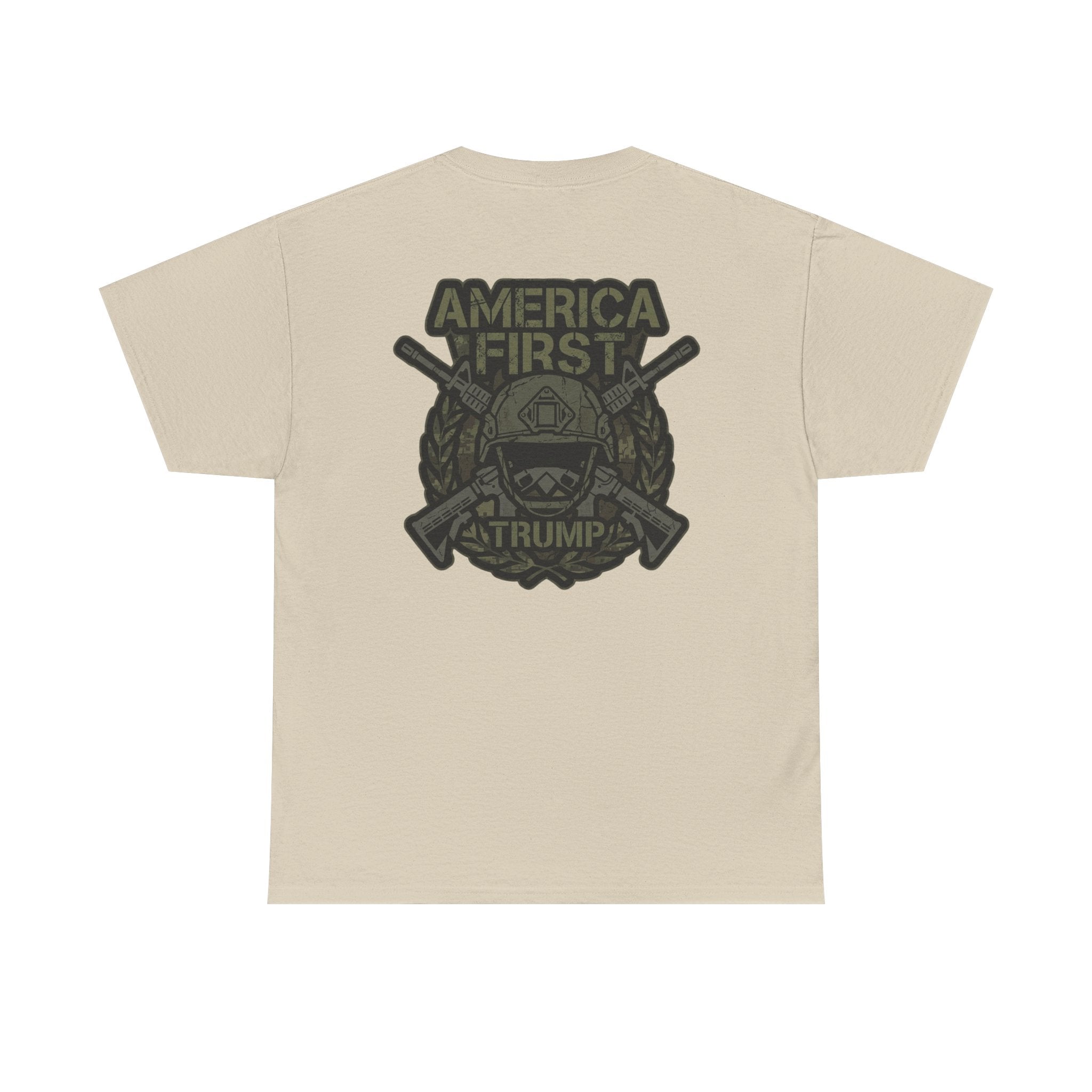 America First Graphic Tee — Patriotic Flag & Crossed Rifles Design