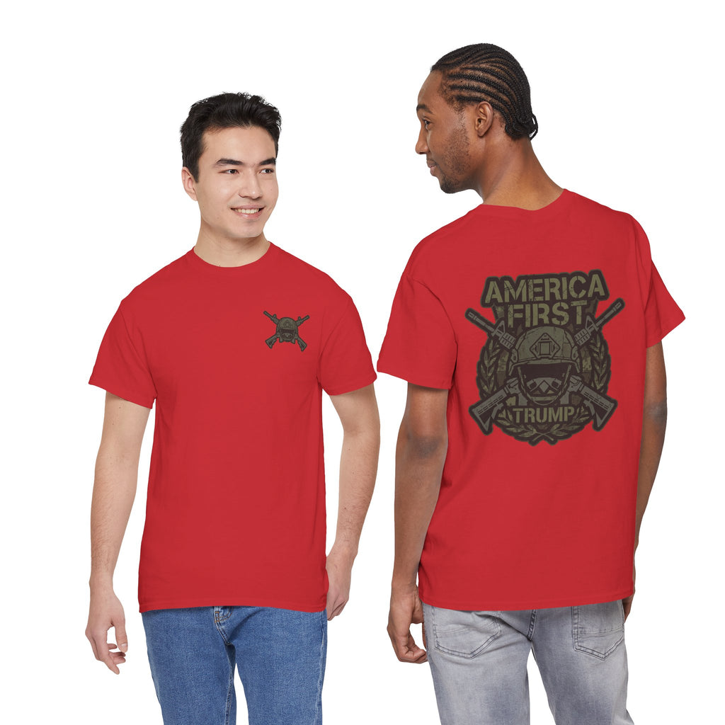 America First Graphic Tee — Patriotic Flag & Crossed Rifles Design