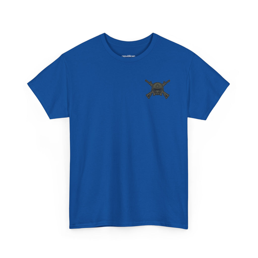 America First Graphic Tee — Patriotic Flag & Crossed Rifles Design