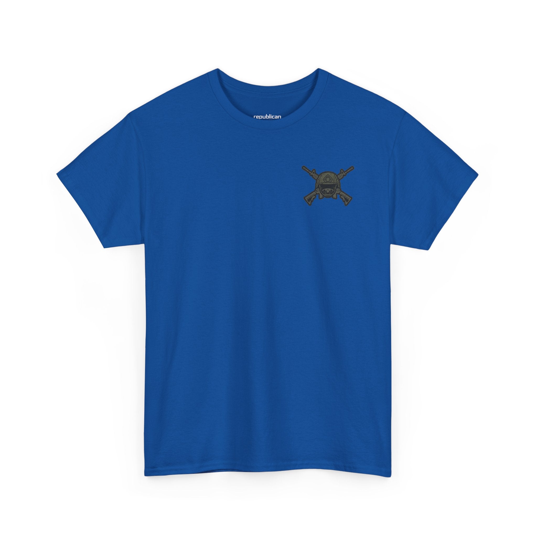 America First Graphic Tee — Patriotic Flag & Crossed Rifles Design