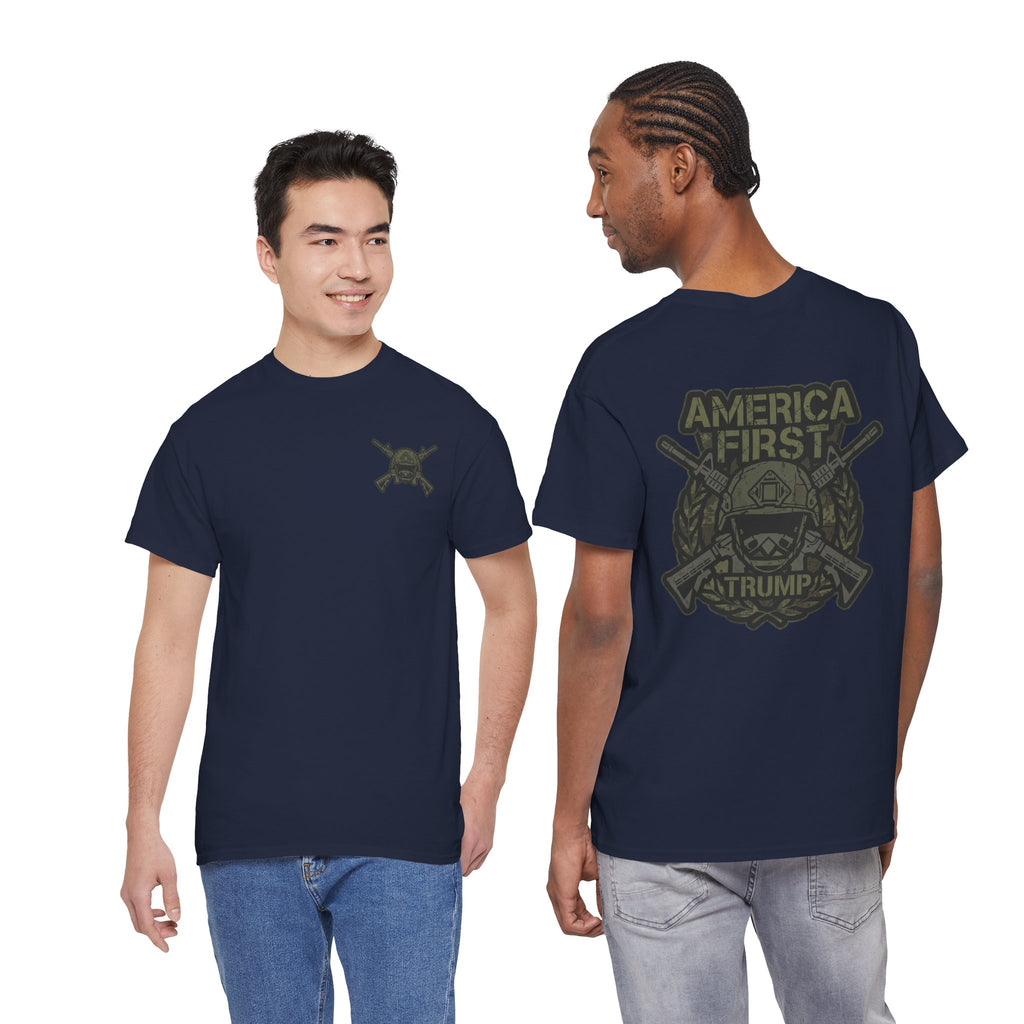 America First Graphic Tee — Patriotic Flag & Crossed Rifles Design