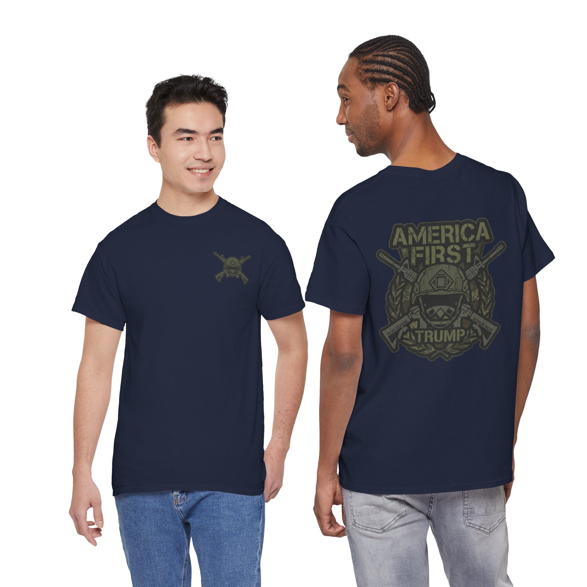 America First Graphic Tee — Patriotic Flag & Crossed Rifles Design