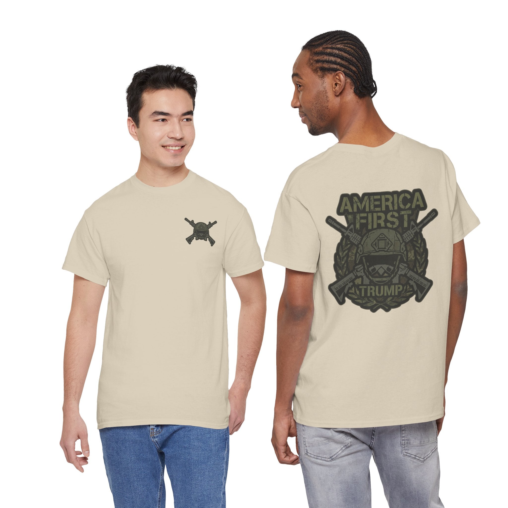 America First Graphic Tee — Patriotic Flag & Crossed Rifles Design