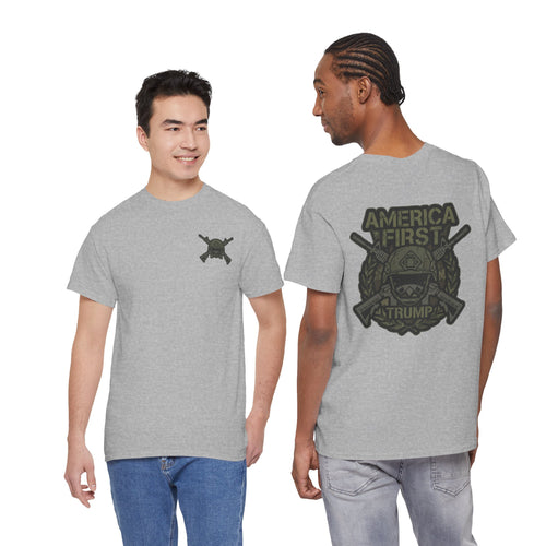 America First Graphic Tee — Patriotic Flag & Crossed Rifles Design
