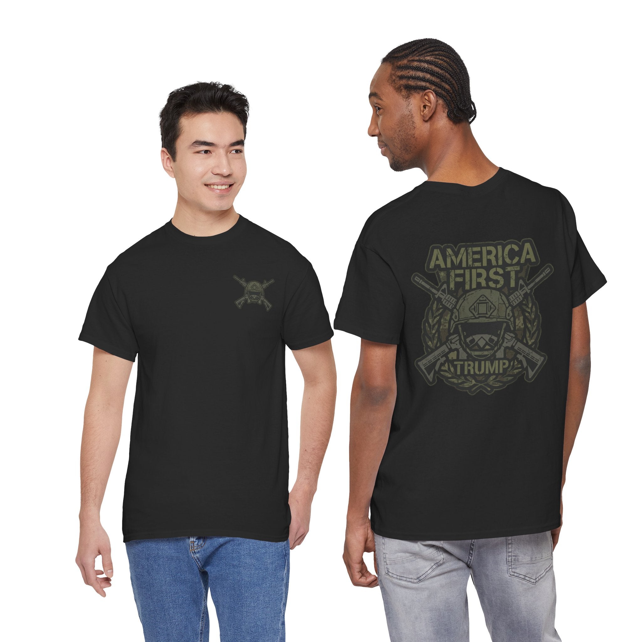 America First Graphic Tee — Patriotic Flag & Crossed Rifles Design