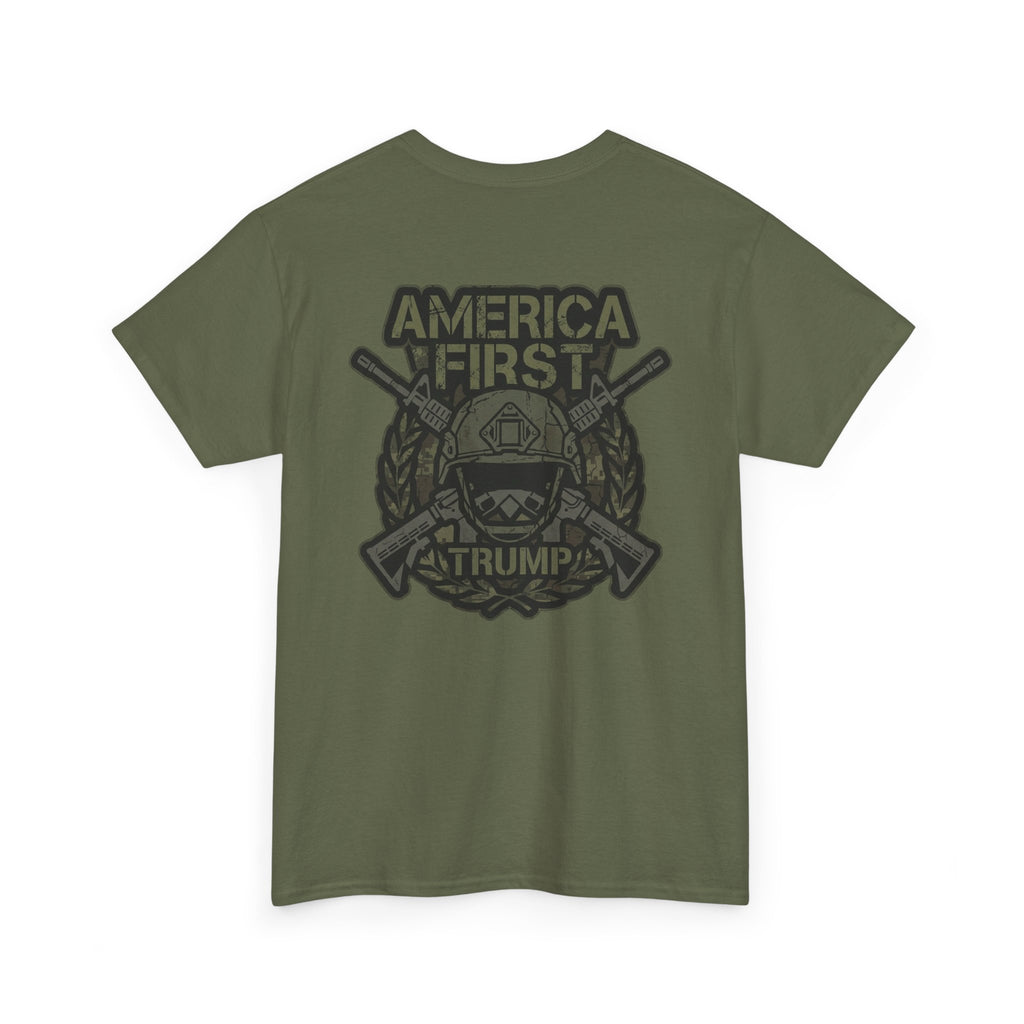 America First Graphic Tee — Patriotic Flag & Crossed Rifles Design