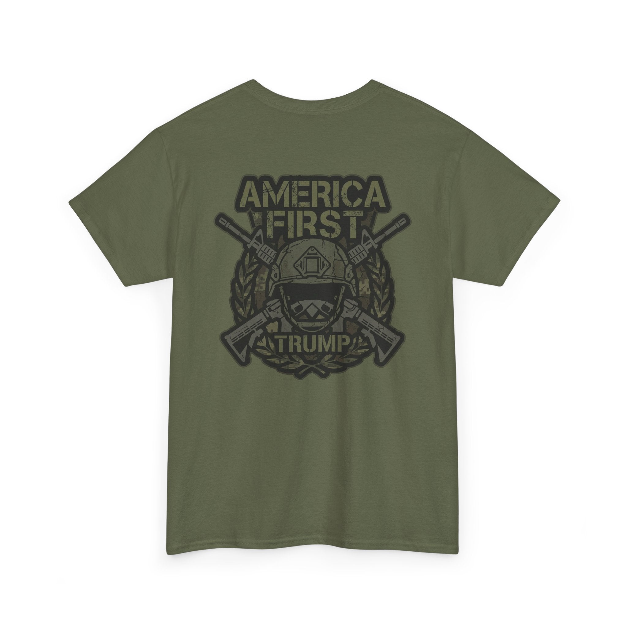 America First Graphic Tee — Patriotic Flag & Crossed Rifles Design