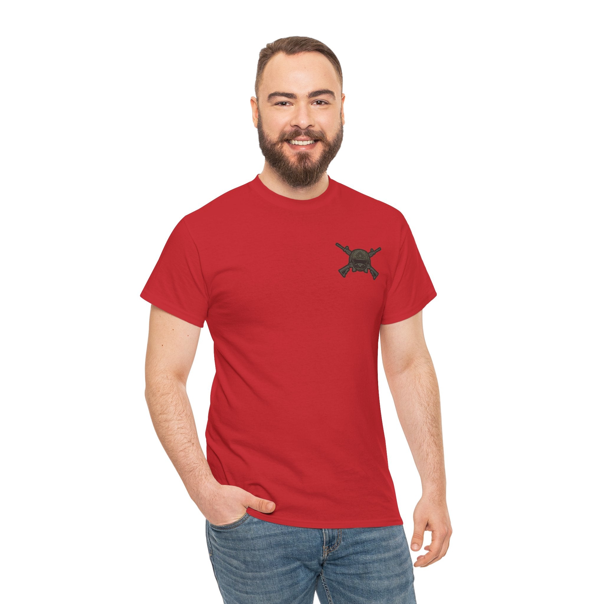 America First Graphic Tee — Patriotic Flag & Crossed Rifles Design