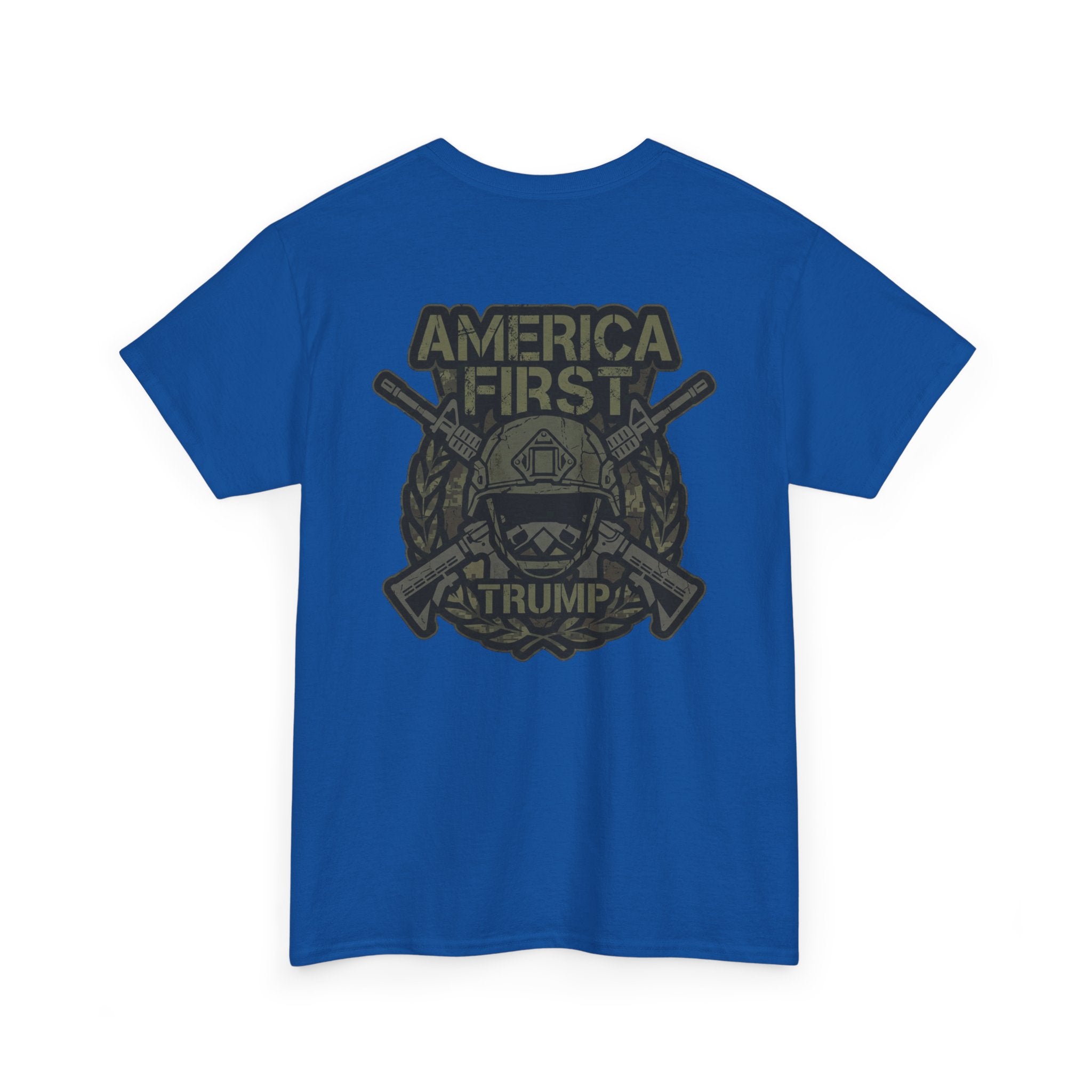 America First Graphic Tee — Patriotic Flag & Crossed Rifles Design