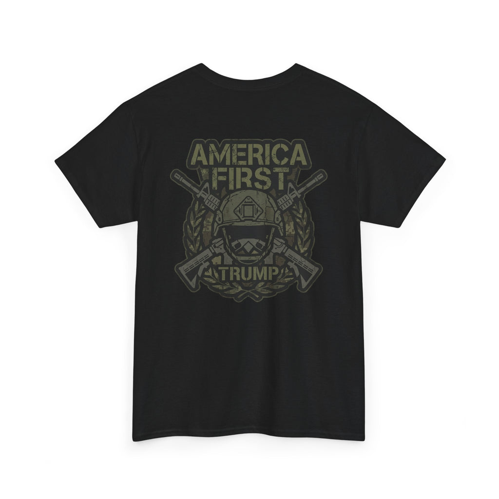 America First Graphic Tee — Patriotic Flag & Crossed Rifles Design