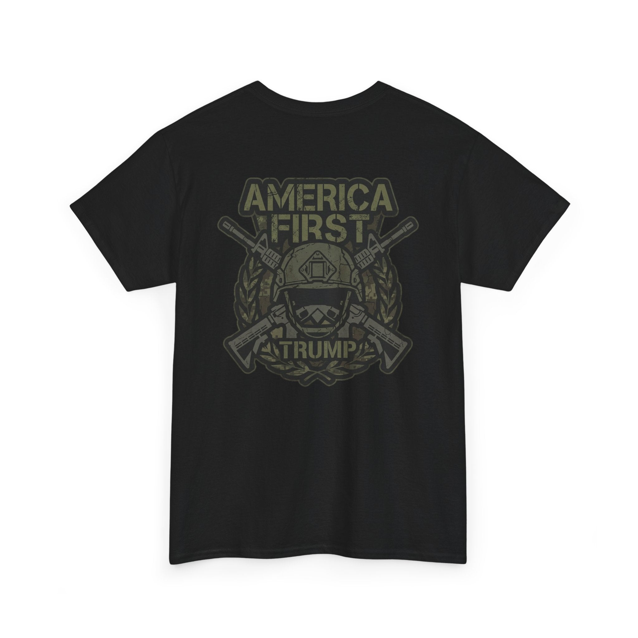America First Graphic Tee — Patriotic Flag & Crossed Rifles Design