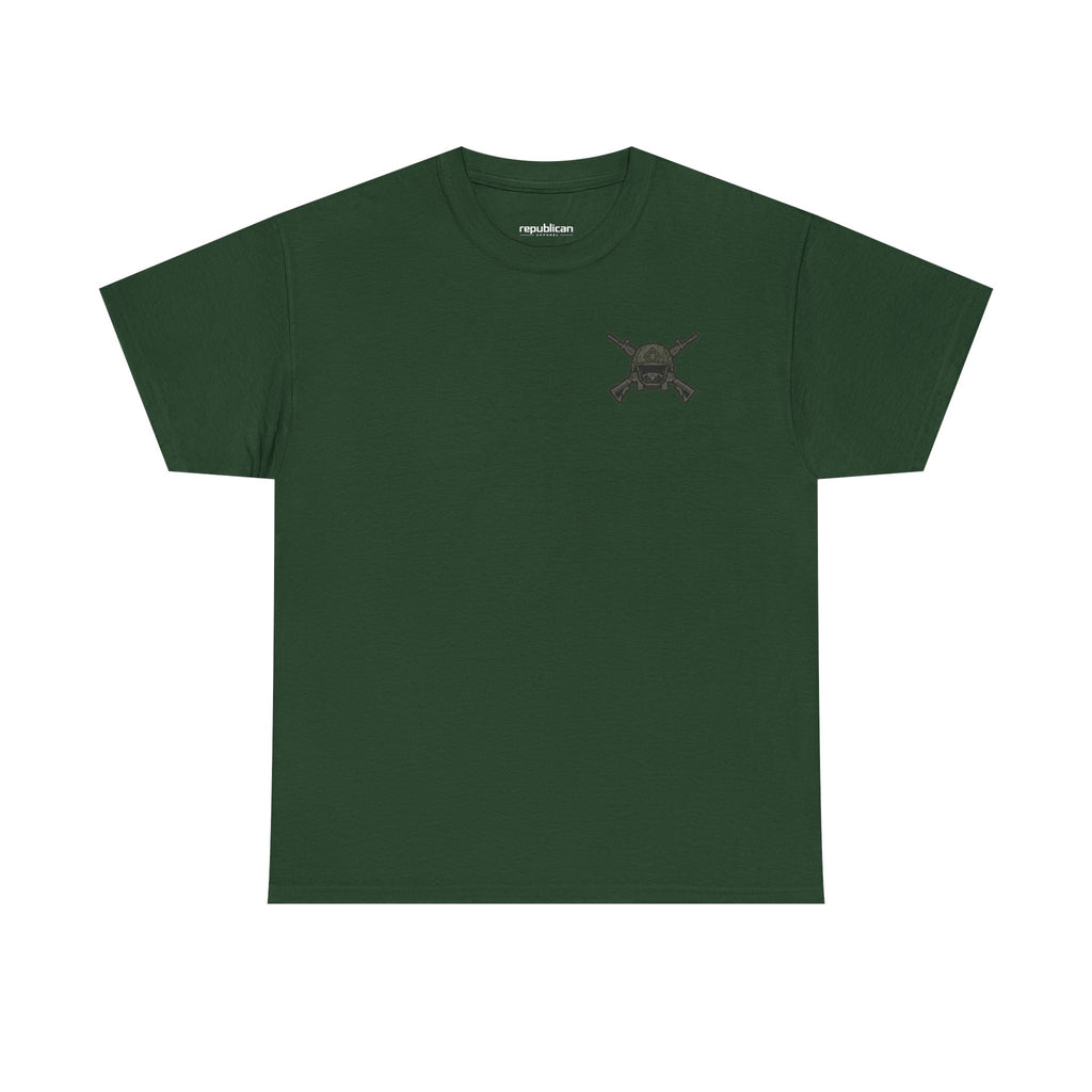 America First Graphic Tee — Patriotic Flag & Crossed Rifles Design