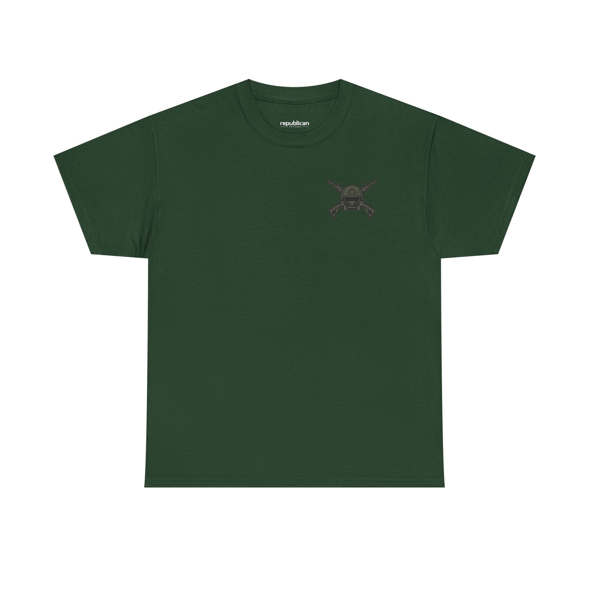 America First Graphic Tee — Patriotic Flag & Crossed Rifles Design