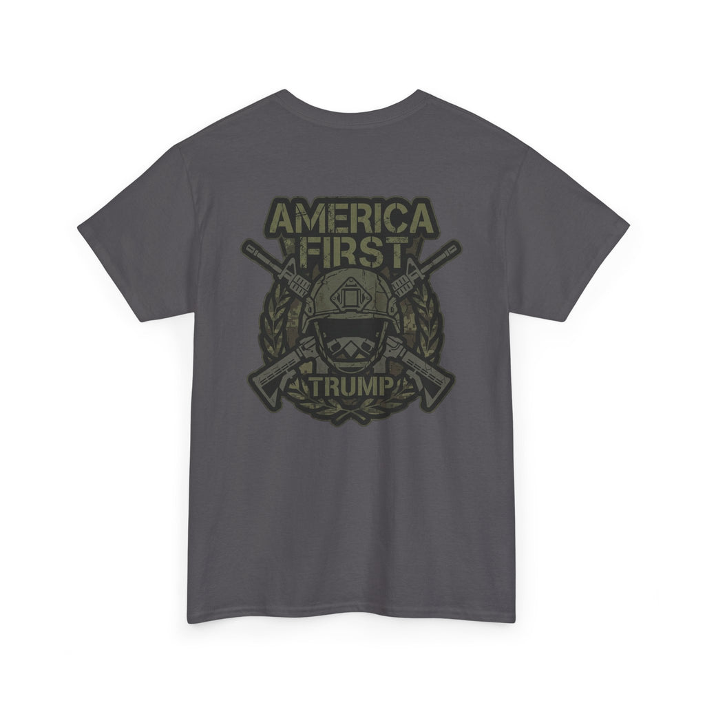America First Graphic Tee — Patriotic Flag & Crossed Rifles Design