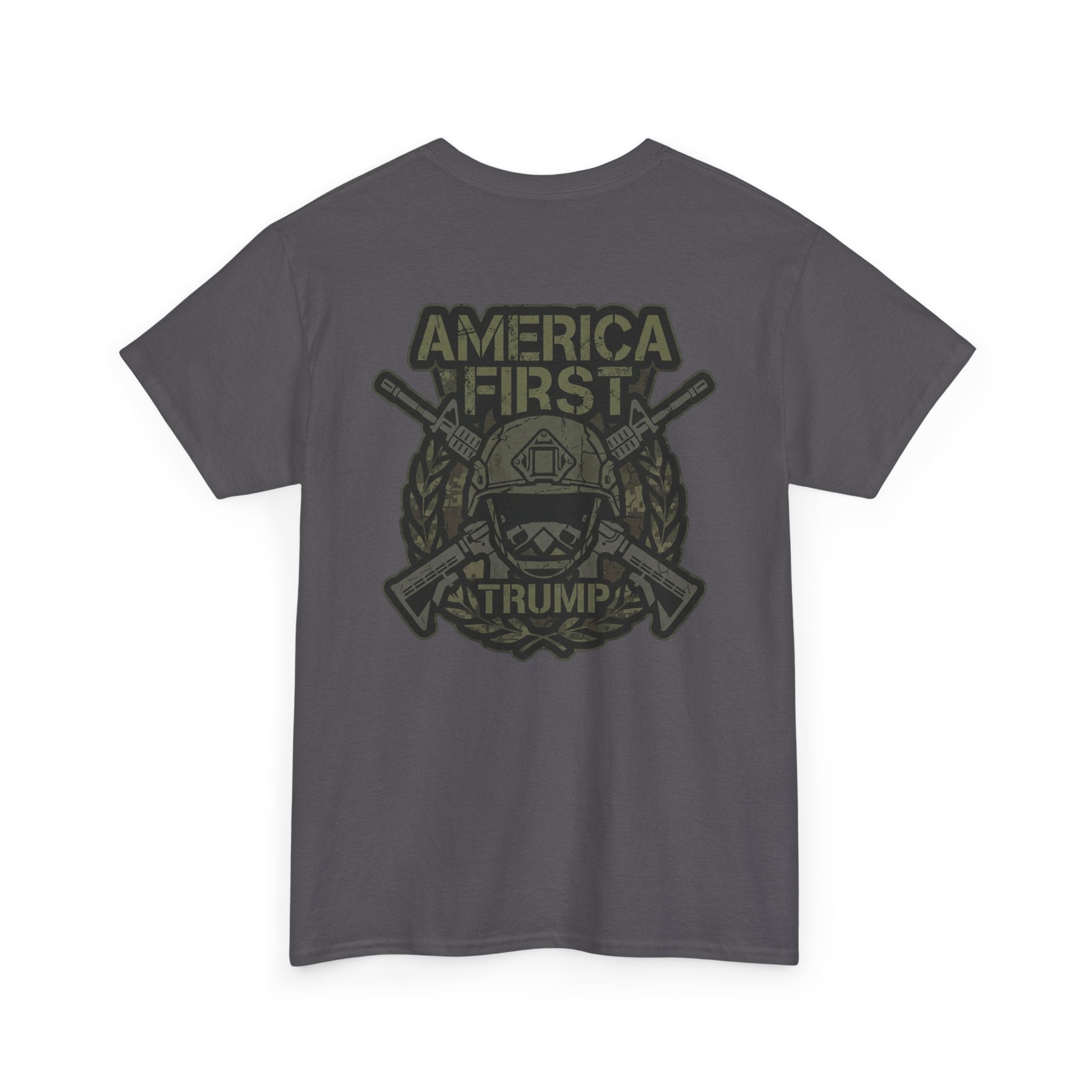 America First Graphic Tee — Patriotic Flag & Crossed Rifles Design