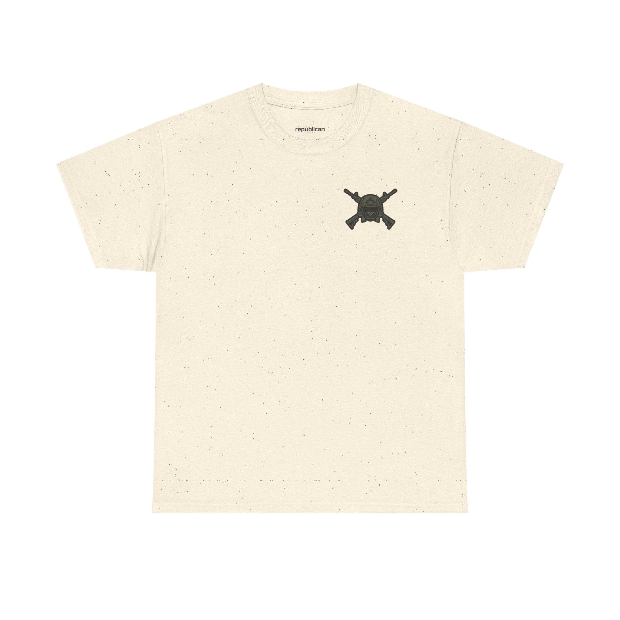 America First Graphic Tee — Patriotic Flag & Crossed Rifles Design
