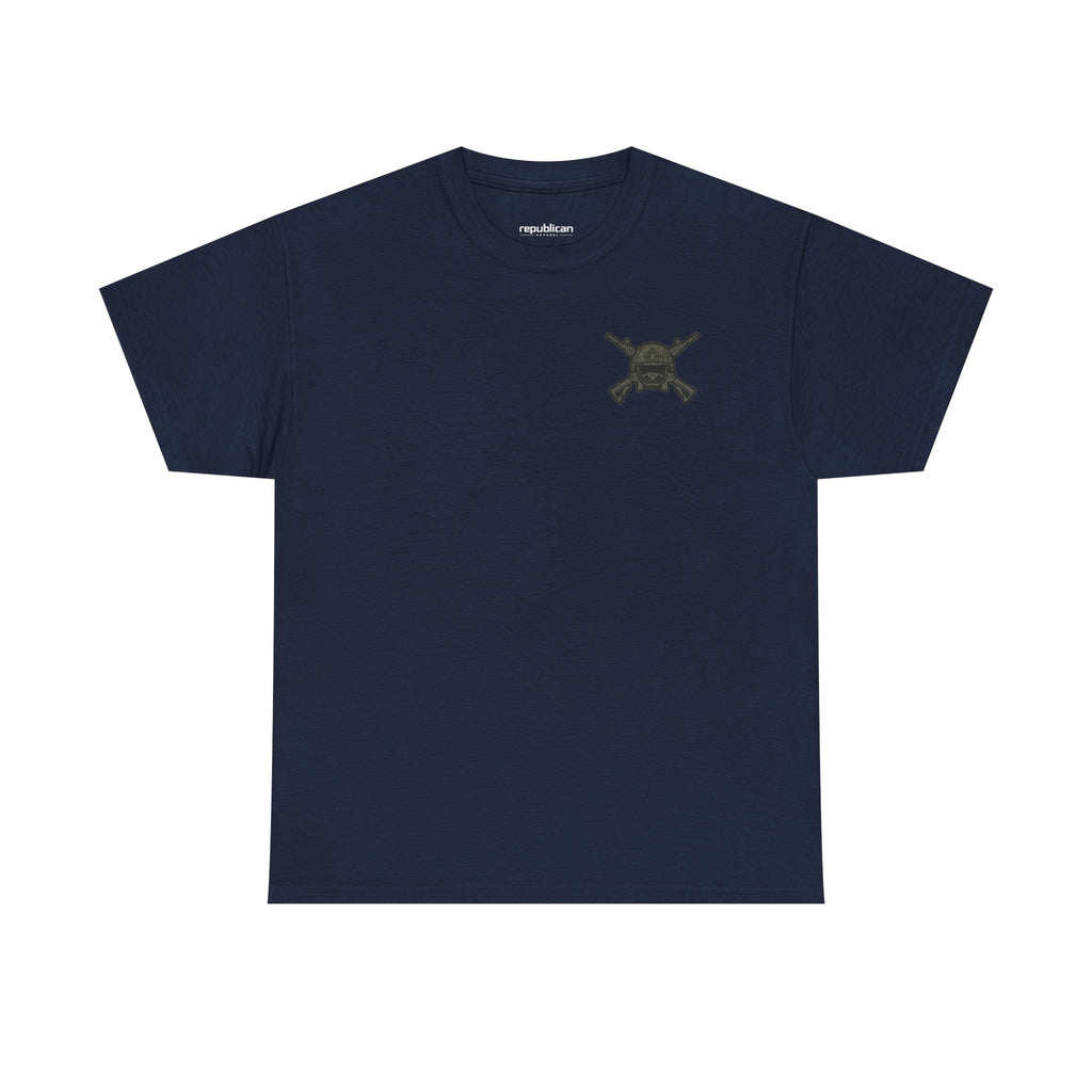 America First Graphic Tee — Patriotic Flag & Crossed Rifles Design