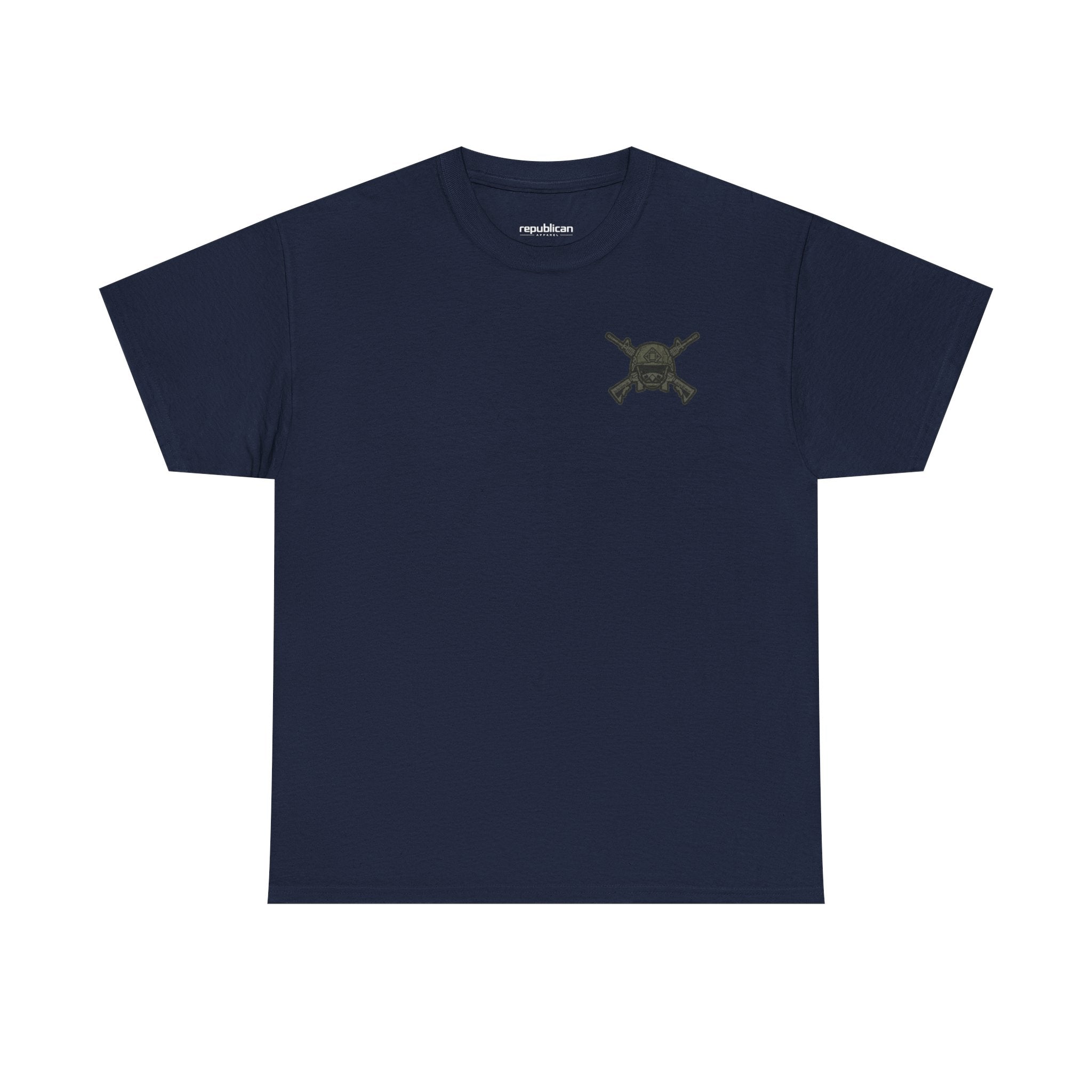 America First Graphic Tee — Patriotic Flag & Crossed Rifles Design