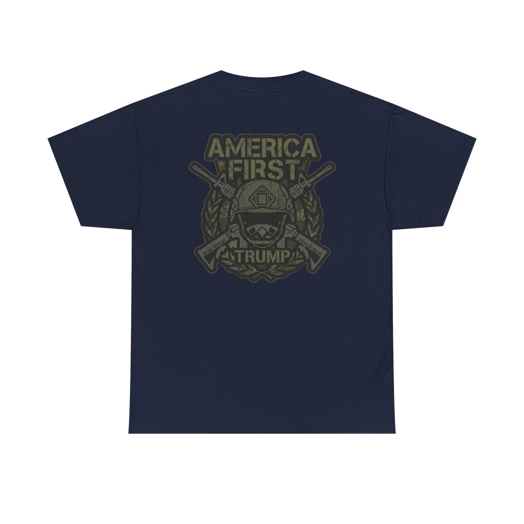 America First Graphic Tee — Patriotic Flag & Crossed Rifles Design