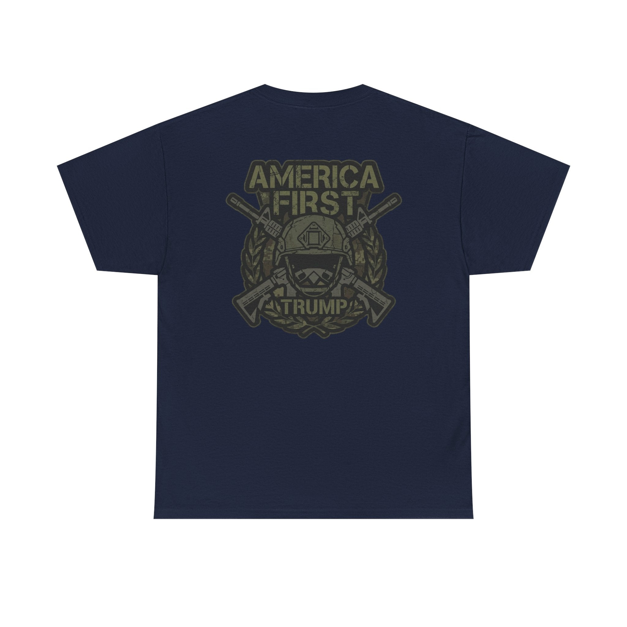 America First Graphic Tee — Patriotic Flag & Crossed Rifles Design