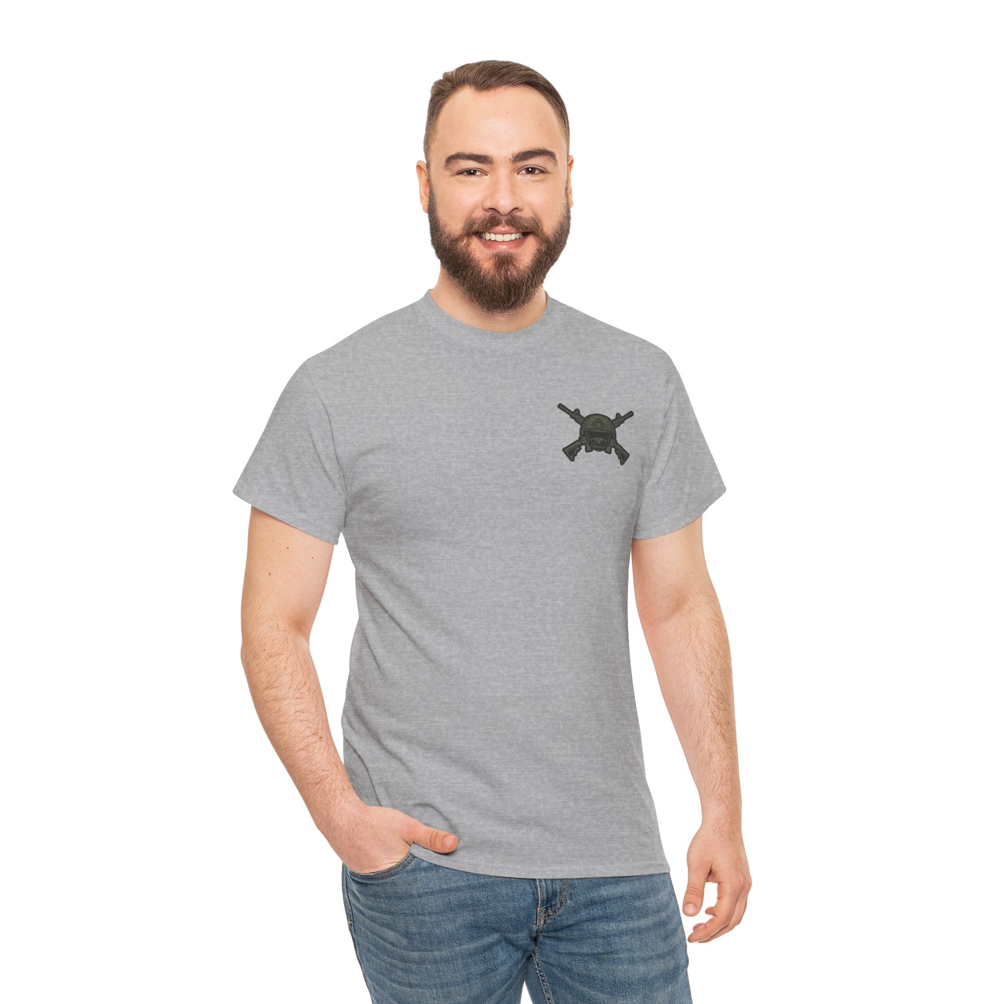 America First Graphic Tee — Patriotic Flag & Crossed Rifles Design