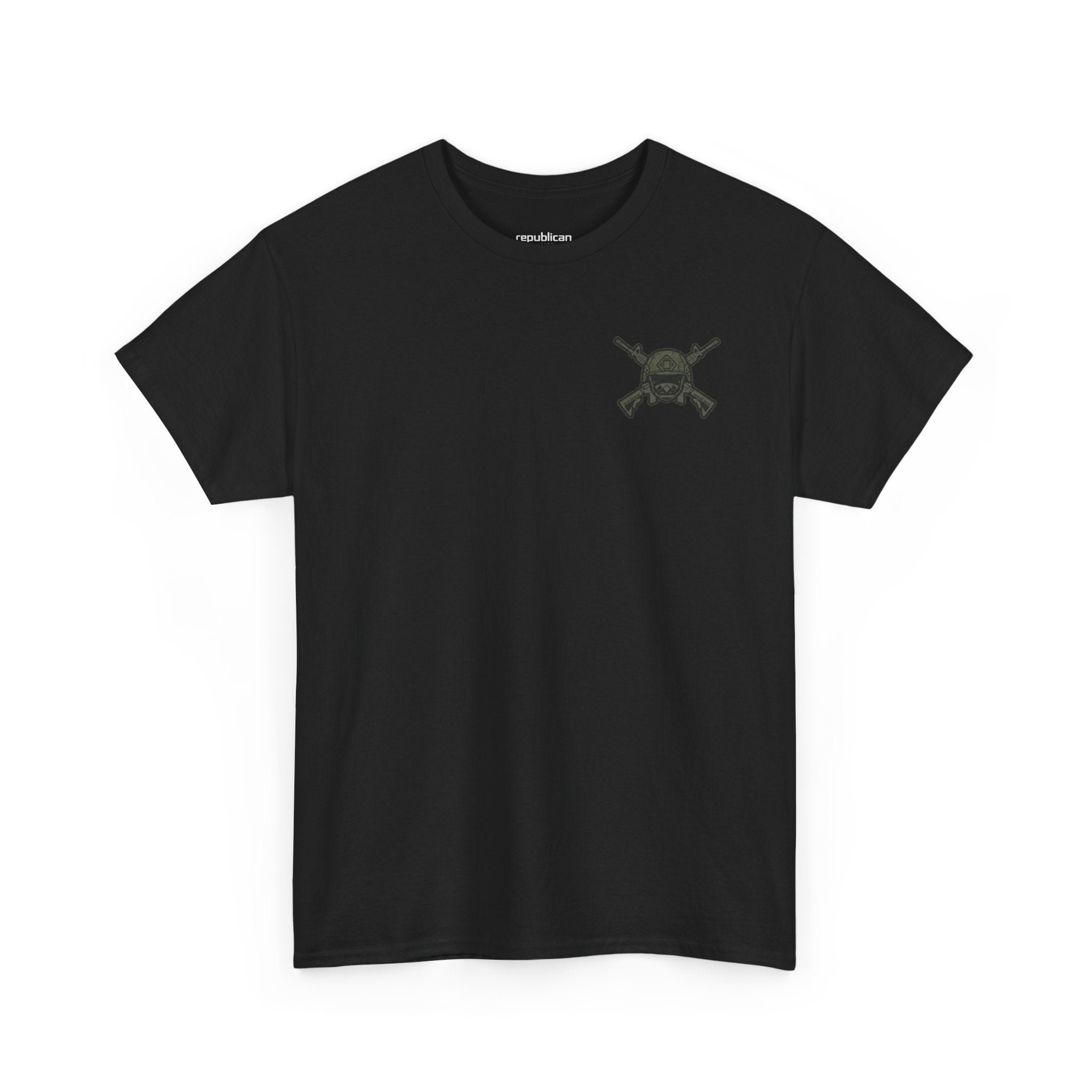 America First Graphic Tee — Patriotic Flag & Crossed Rifles Design