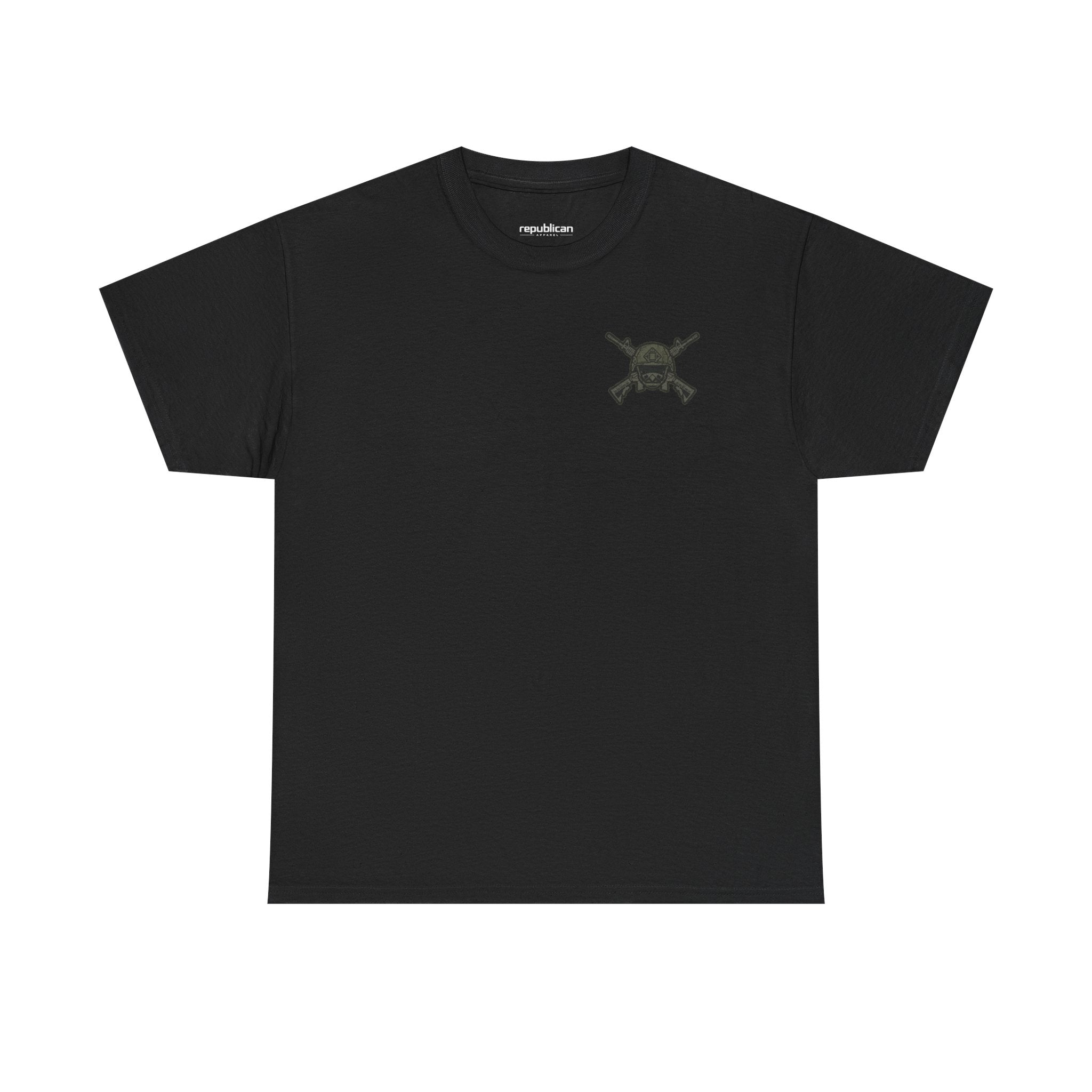 America First Graphic Tee — Patriotic Flag & Crossed Rifles Design