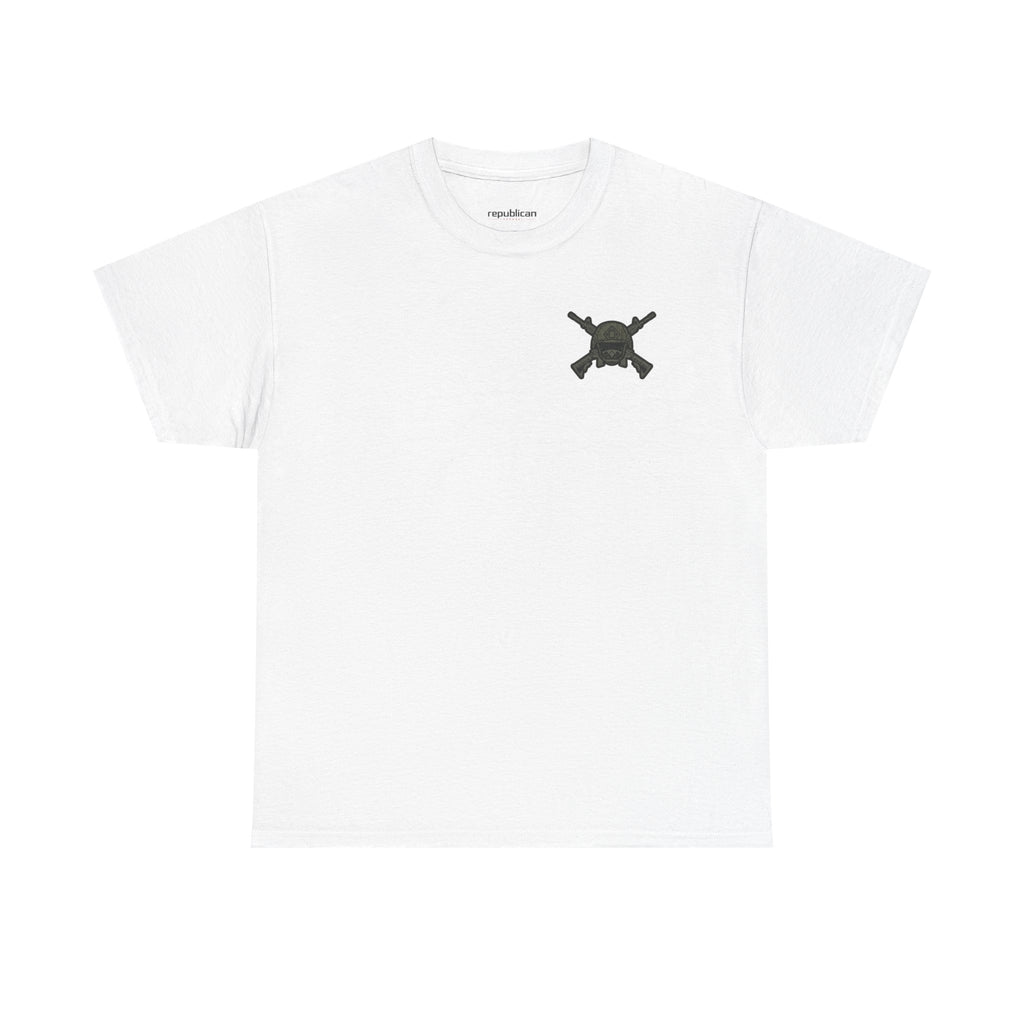 America First Graphic Tee — Patriotic Flag & Crossed Rifles Design