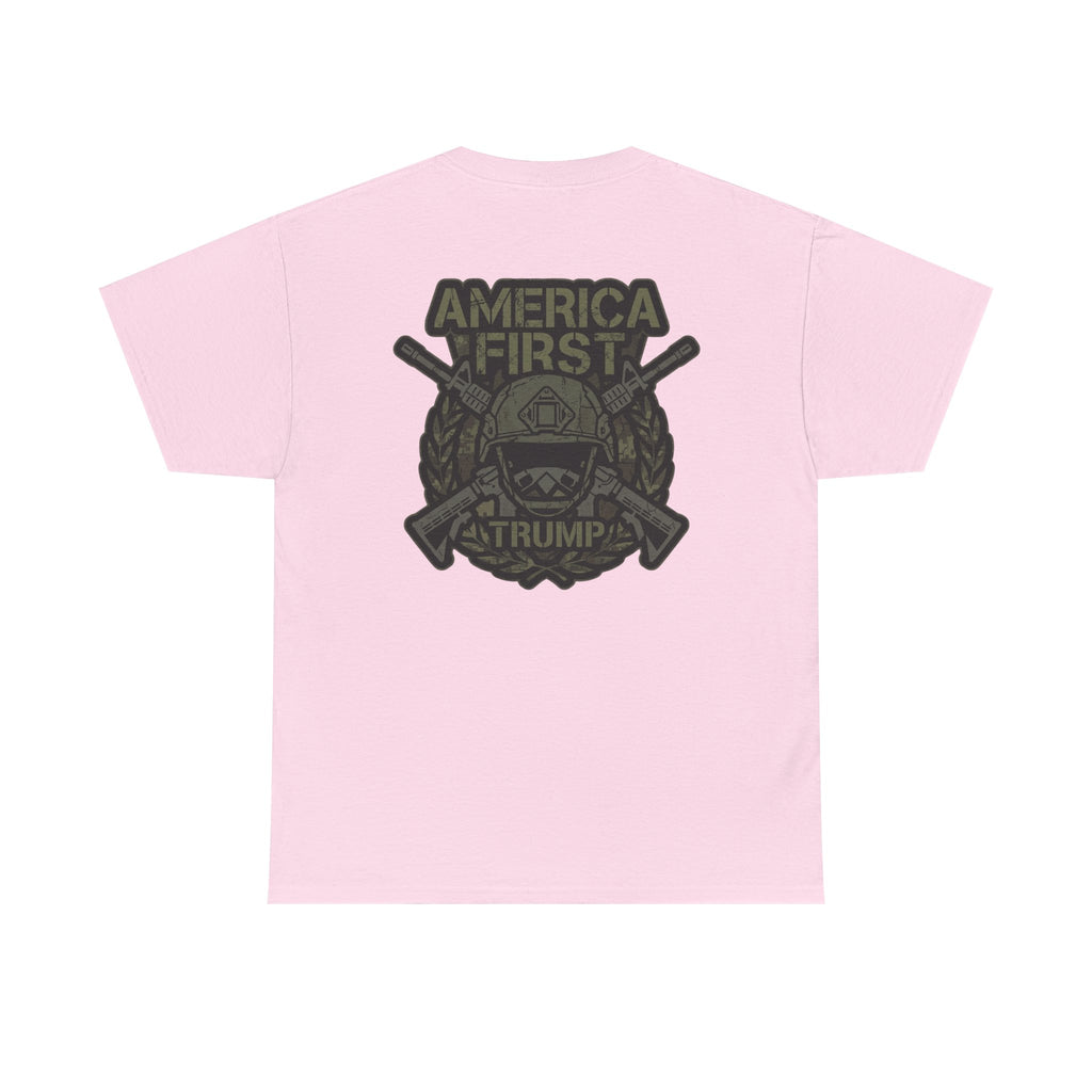 America First Graphic Tee — Patriotic Flag & Crossed Rifles Design