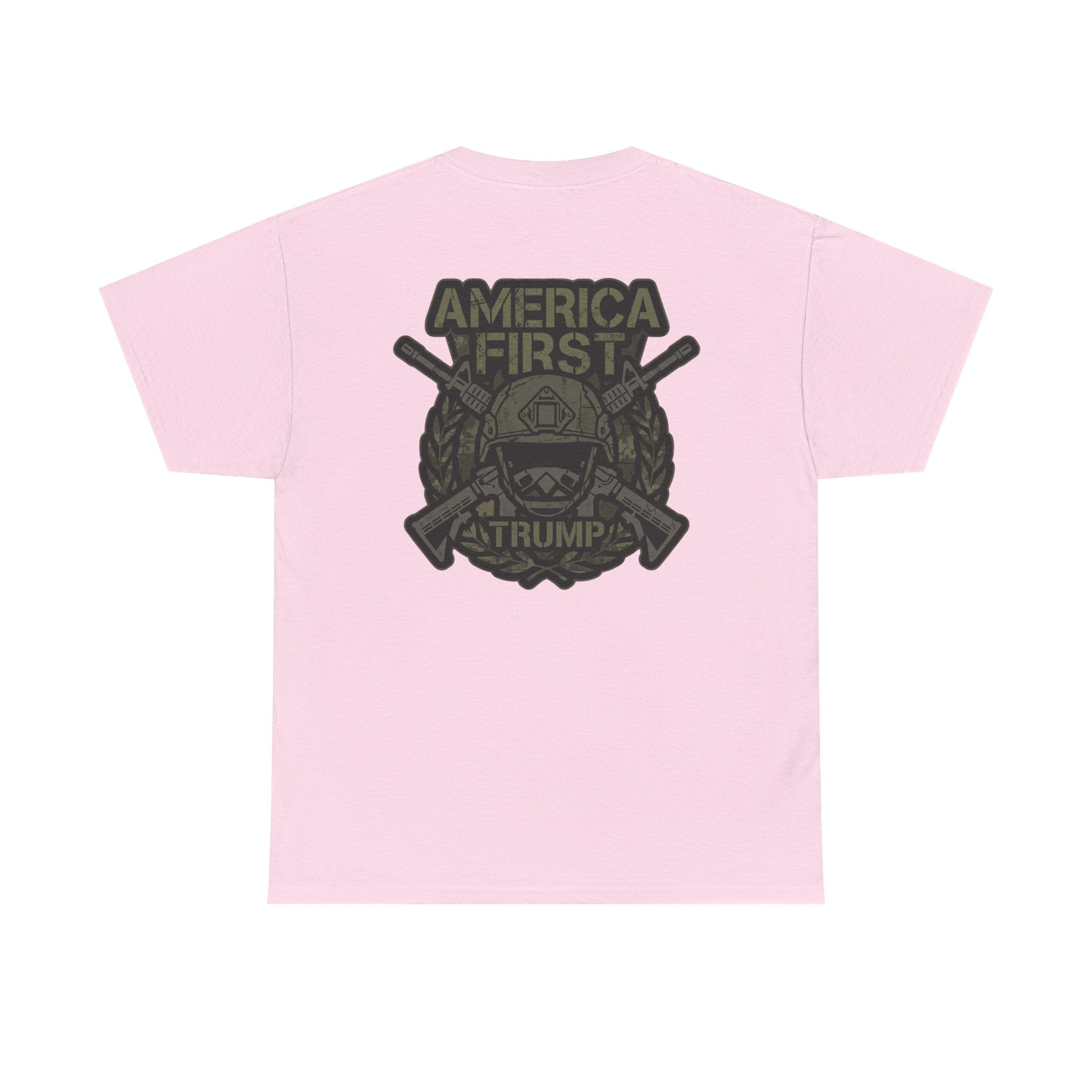 America First Graphic Tee — Patriotic Flag & Crossed Rifles Design