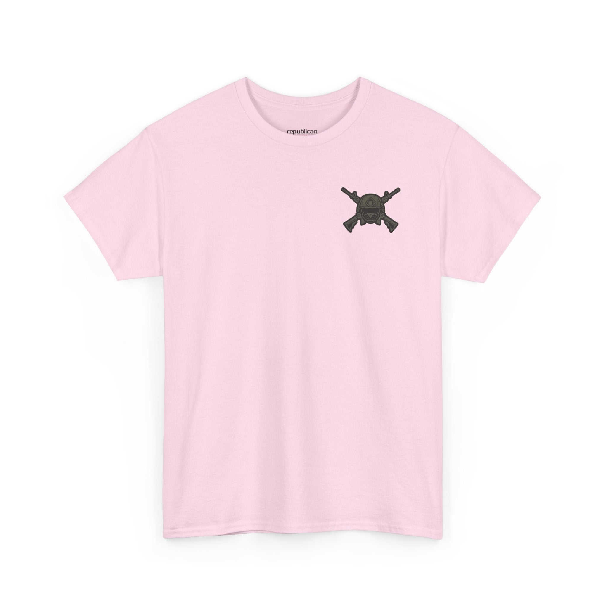 America First Graphic Tee — Patriotic Flag & Crossed Rifles Design