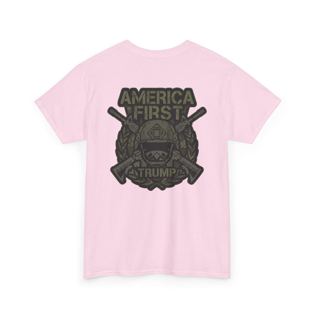 America First Graphic Tee — Patriotic Flag & Crossed Rifles Design