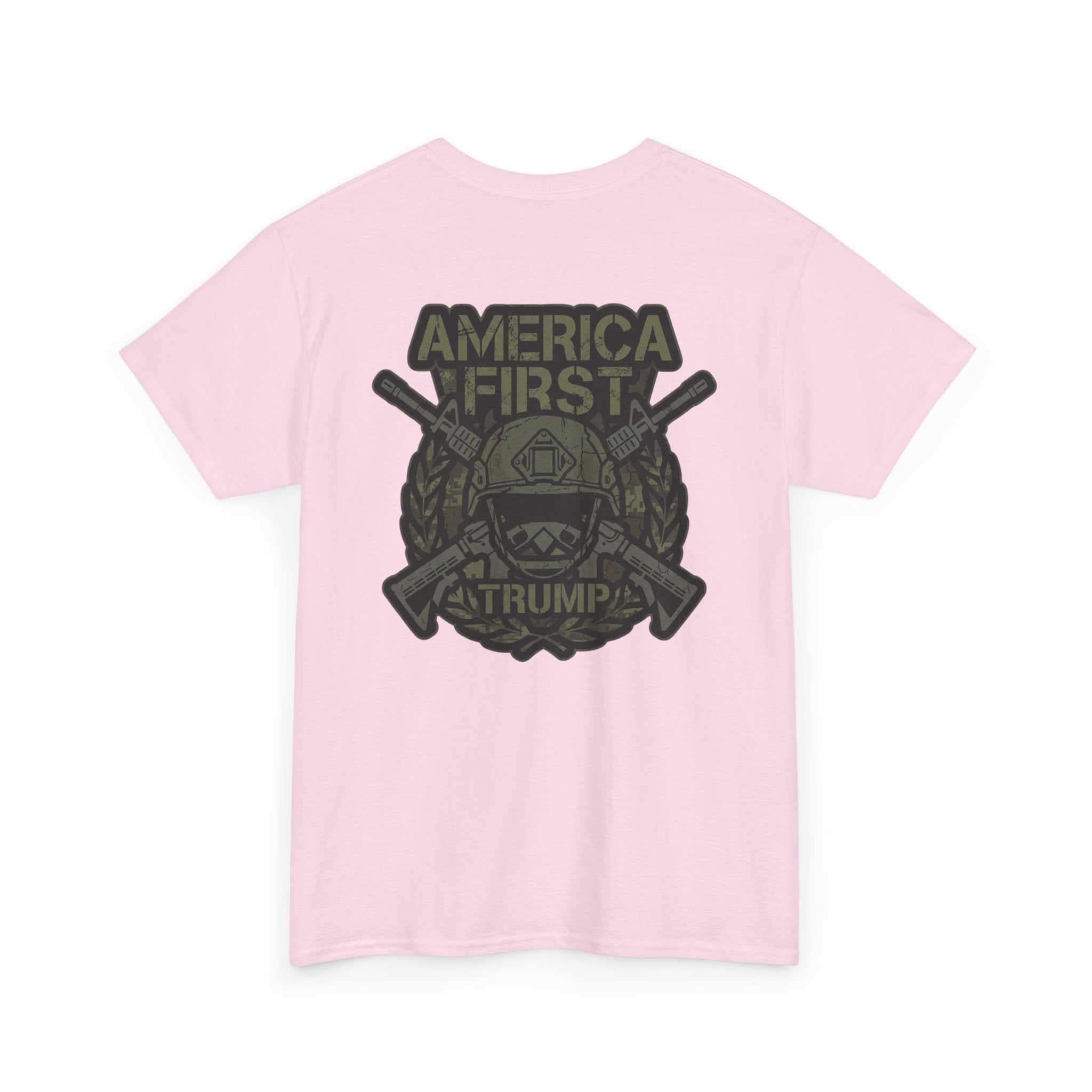 America First Graphic Tee — Patriotic Flag & Crossed Rifles Design