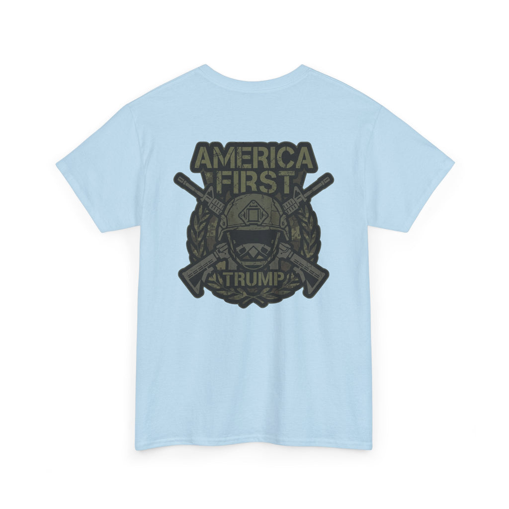 America First Graphic Tee — Patriotic Flag & Crossed Rifles Design