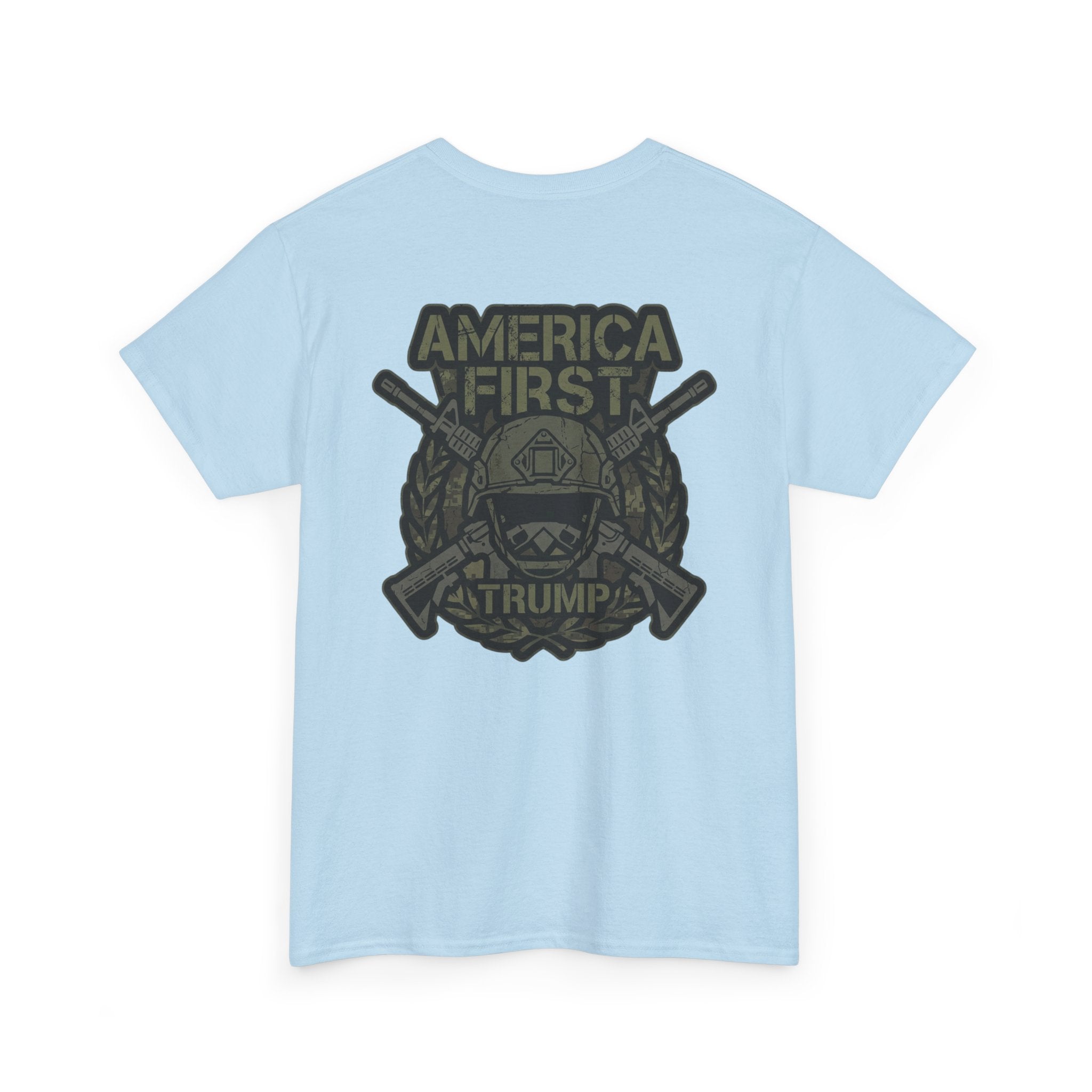 America First Graphic Tee — Patriotic Flag & Crossed Rifles Design