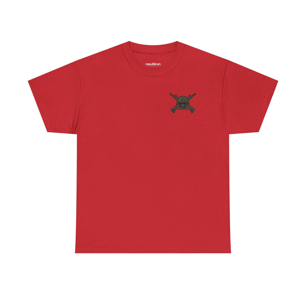 America First Graphic Tee — Patriotic Flag & Crossed Rifles Design