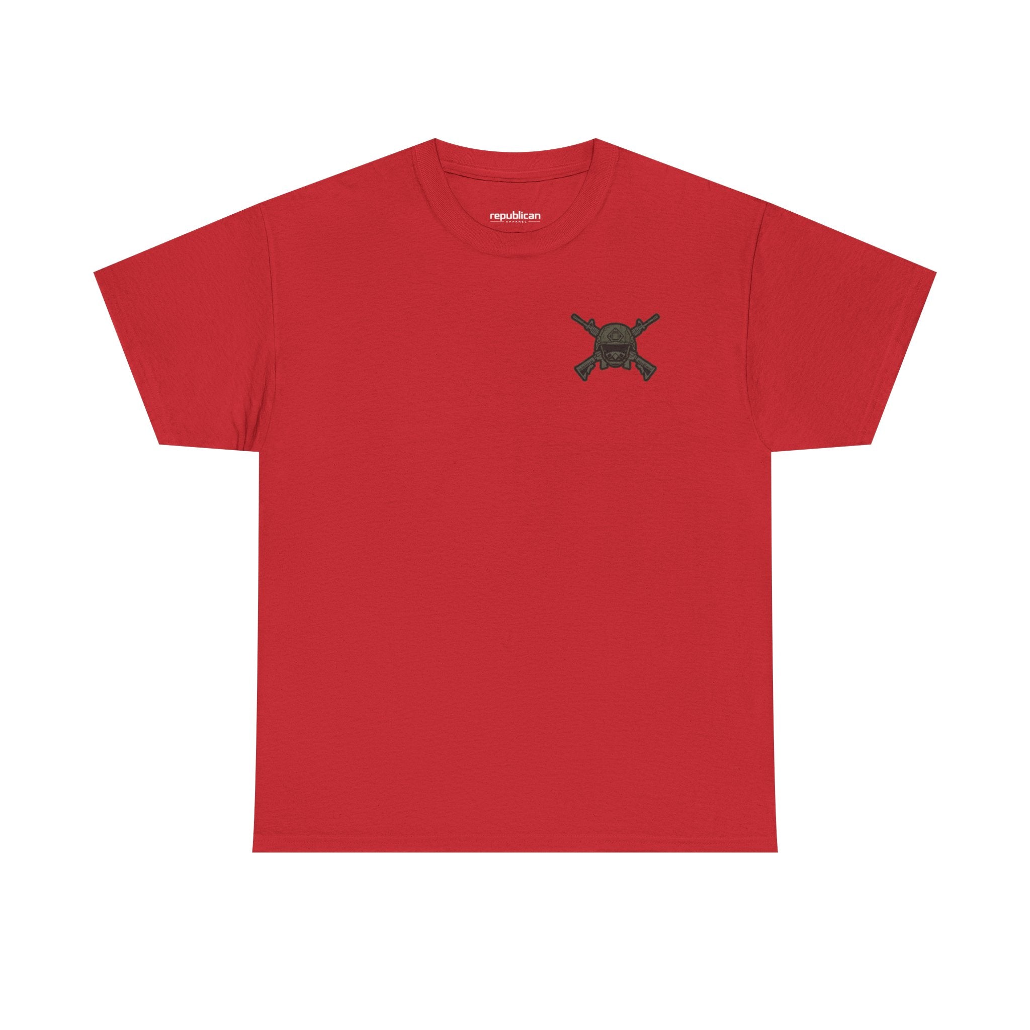 America First Graphic Tee — Patriotic Flag & Crossed Rifles Design