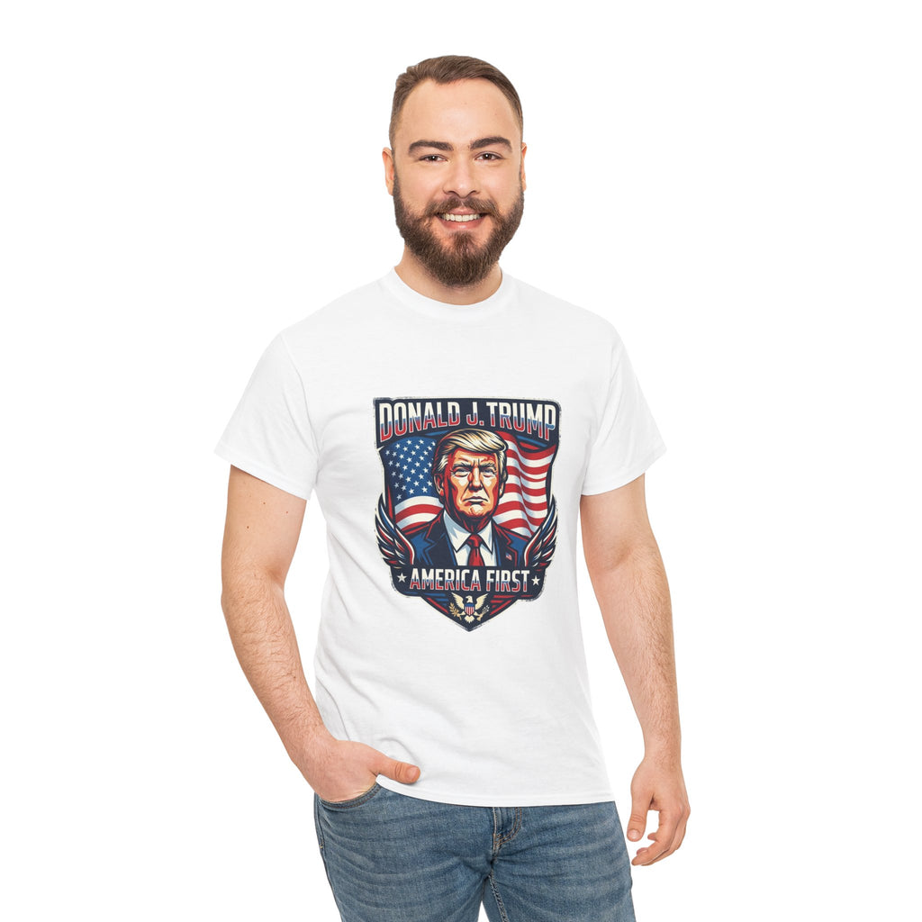 Political Graphic Tee — "America First" Patriotic President Portrait T‑Shirt